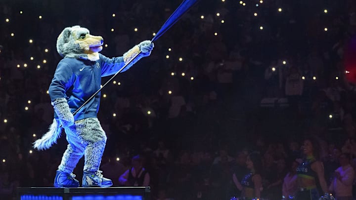 Oct 28, 2023; Minneapolis, Minnesota, USA; Minnesota Timberwolves mascot, Crunch, during pregame against Miami Heat at Target Center. Mandatory Credit: Matt Blewett-Imagn Images