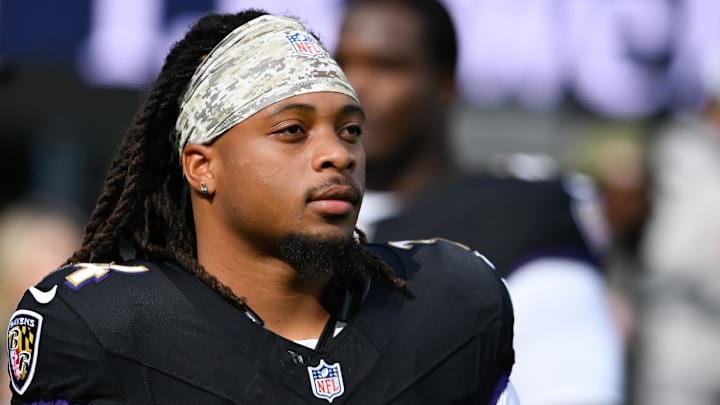 Oct 26, 2025; Baltimore, Maryland, USA; Baltimore Ravens running back Keaton Mitchell (34) looks on before the game against the Chicago Bears at M&T Bank Stadium. Mandatory Credit: Tommy Gilligan-Imagn Images