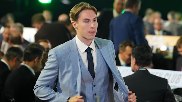 Jun 28, 2024; Las Vegas, Nevada, USA; Emil Hemming is selected by the Dallas Stars with the 29th overall pick in the first round of the 2024 NHL Draft at The Sphere. Mandatory Credit: Stephen R. Sylvanie-Imagn Images