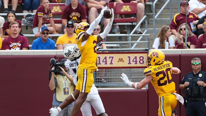Sep 14, 2024; Minneapolis, Minnesota, USA; Minnesota Golden Gophers defensive back Ethan Robinson (2) intercepts a pass against the Nevada Wolf Pack during the second half at Huntington Bank Stadium. Mandatory Credit: Matt Krohn-Imagn Images Sep 14, 2024; Minneapolis, Minnesota, USA; Minnesota Golden Gophers defensive back Ethan Robinson (2) intercepts a pass against the Nevada Wolf Pack during the second half at Huntington Bank Stadium. Mandatory Credit: Matt Krohn-Imagn Images