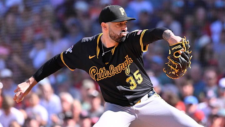 Aug 31, 2025; Boston, Massachusetts, USA; Pittsburgh Pirates relief pitcher Colin Holderman (35) pitches against the Boston Red Sox during the sixth inning at Fenway Park. Mandatory Credit: Eric Canha-Imagn Images