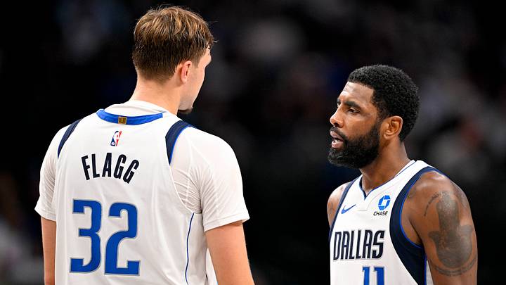 Oct 16, 2026; Dallas, Texas, USA; Dallas Mavericks forward Cooper Flagg (32) talks with guard Kyrie Irving (11) during the game between the Mavericks and the Hawks at American Airlines Center. Mandatory Credit: Jerome Miron-Imagn Images Oct 16, 2026; Dallas, Texas, USA; Dallas Mavericks forward Cooper Flagg (32) talks with guard Kyrie Irving (11) during the game between the Mavericks and the Hawks at American Airlines Center. Mandatory Credit: Jerome Miron-Imagn Images