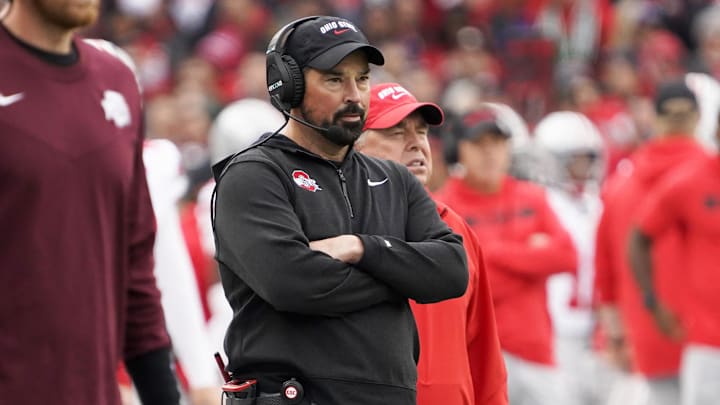 Nov 16, 2024; Chicago, Illinois, USA; Ohio State Buckeyes head coach Ryan Day looks on from the sideline against the Northwestern Wildcats during the first half at Wrigley Field. Mandatory Credit: David Banks-Imagn Images