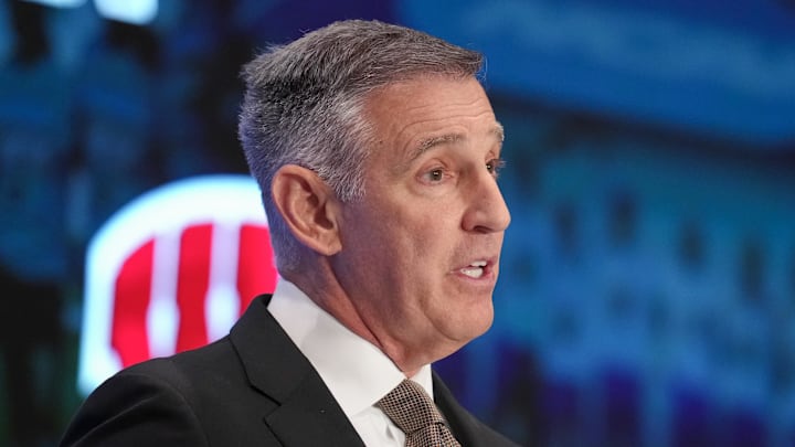Big Ten commissioner Tony Petitti speaks to the media during the Big Ten NCAA college football media days at Mandalay Bay Resort. Big Ten commissioner Tony Petitti speaks to the media during the Big Ten NCAA college football media days at Mandalay Bay Resort.
