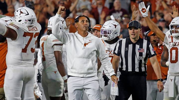 Texas Longhorns head coach Steve Sarkisian reacts after a touchdown during overtime against the Mississippi State Bulldogs at Davis Wade Stadium at Scott Field. Texas Longhorns head coach Steve Sarkisian reacts after a touchdown during overtime against the Mississippi State Bulldogs at Davis Wade Stadium at Scott Field.