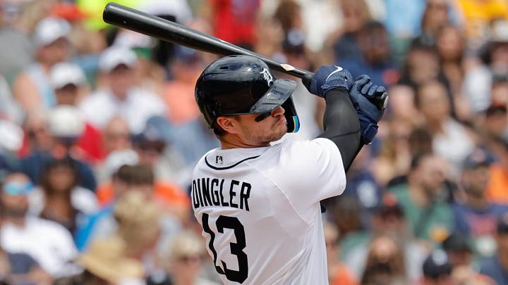 Detroit Tigers catcher Dillon Dingler (13) hits an RBI single in the ninth inning. Detroit Tigers catcher Dillon Dingler (13) hits an RBI single in the ninth inning.