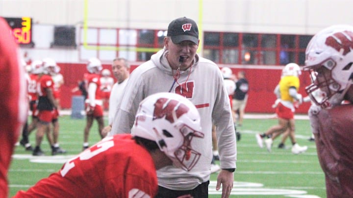 Wisconsin tight ends coach Nate Letton works with his players during the team's 14th spring practice, which was held Tuesday morning April 30, 2024 at the McClain Center in Madison, Wisconsin.