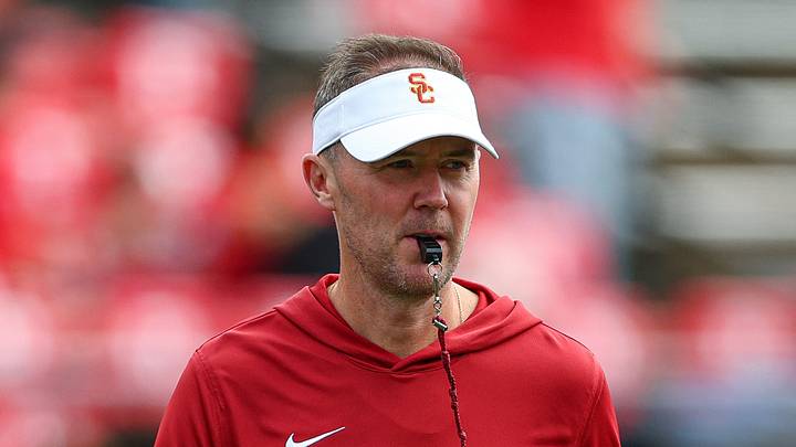 Sep 19, 2026; Piscataway, New Jersey, USA;  USC Trojans head coach Lincoln Riley on the field during warm ups before the game against the Rutgers Scarlet Knights at SHI Stadium. 