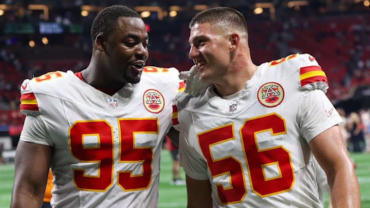 Sep 22, 2024; Atlanta, Georgia, USA; Kansas City Chiefs defensive tackle Chris Jones (95) and defensive end George Karlaftis (56) talk after a victory over the Atlanta Falcons at Mercedes-Benz Stadium. Mandatory Credit: Brett Davis-Imagn Images