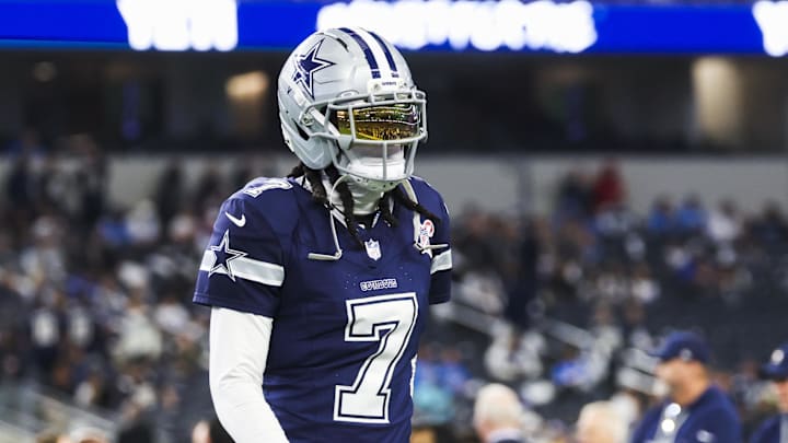 Dec 21, 2025; Arlington, Texas, USA; Dallas Cowboys cornerback Trevon Diggs (7) participates in pregame warmups against the Los Angeles Chargers at AT&T Stadium. Mandatory Credit: Kevin Jairaj-Imagn Images