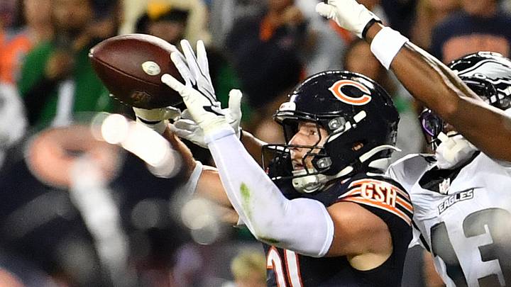 Sep 28, 2026; Chicago, Illinois, USA;  Chicago Bears safety Dillon Thieneman (31) intercepts the ball against Philadelphia Eagles wide receiver Dontayvion Wicks (13) during the first half at Soldier Field.  Mandatory Credit: Patrick Gorski-Imagn Images