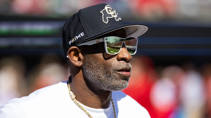 Oct 19, 2024; Tucson, Arizona, USA; Colorado Buffalos head coach Deion Sanders against the Arizona Wildcats at Arizona Stadium. Mandatory Credit: Mark J. Rebilas-Imagn Images