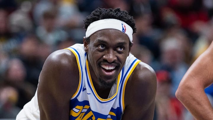 Indiana Pacers forward Pascal Siakam (43) reacts against the Chicago Bulls during the second half at Gainbridge Fieldhouse. Indiana Pacers forward Pascal Siakam (43) reacts against the Chicago Bulls during the second half at Gainbridge Fieldhouse.