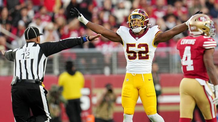 Oct 19, 2026; Santa Clara, California, USA; Washington Commanders LB Sonny Styles (52) reacts after a play during the 2nd quarter against the San Francisco 49ers at Levi's Stadium. Mandatory Credit: Cary Edmondson Oct 19, 2026; Santa Clara, California, USA; Washington Commanders LB Sonny Styles (52) reacts after a play during the 2nd quarter against the San Francisco 49ers at Levi's Stadium. Mandatory Credit: Cary Edmondson