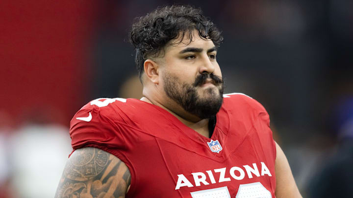 Oct 19, 2025; Glendale, Arizona, USA; Arizona Cardinals offensive lineman Will Hernandez (76) against the Green Bay Packers at State Farm Stadium. Mandatory Credit: Mark J. Rebilas-Imagn Images