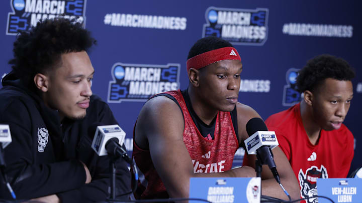 Mar 16, 2026; Dayton, OH, USA; NC State Wolfpack guard Quadir Copeland (11) speaks with the media during a practice session ahead of the first four of the men's 2026 NCAA Tournament at University of Dayton Arena. Mandatory Credit: Rick Osentoski-Imagn Images