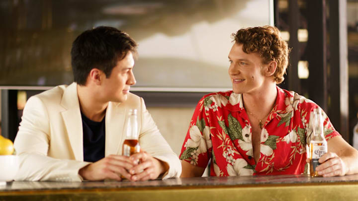 Hudson Williams as Shane Hollander and Connor Storrie as Ilya Rozanov in Heated Rivalry season 1 episode 5 