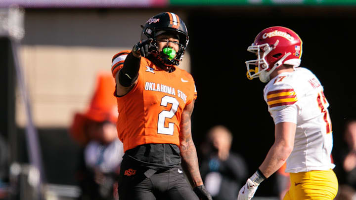 Nov 29, 2025; Stillwater, Oklahoma, USA; Oklahoma State Cowboys wide receiver Terrill Davis (2) reacts after a play during the second half against the Iowa State Cyclones at Boone Pickens Stadium.