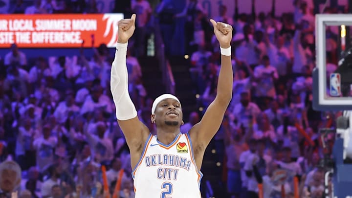 Apr 20, 2025; Oklahoma City, Oklahoma, USA; Oklahoma City Thunder guard Shai Gilgeous-Alexander (2) celebrates after scoring against the Memphis Grizzlies during the second quarter at Paycom Center. Mandatory Credit: Alonzo Adams-Imagn Imagess