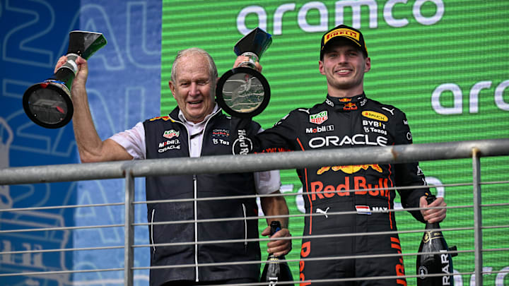 Oct 23, 2022; Austin, Texas, USA; Helmut Marko (left) and Red Bull Racing Limited driver Max Verstappen (right) of Team Netherlands celebrate winning the U.S. Grand Prix F1 race at Circuit of the Americas. Mandatory Credit: Jerome Miron-Imagn Images