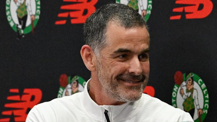 Sep 25, 2025; Boston, MA, USA; Boston Celtics lead owner and governor Bill Chisholm (l) shakes hands with co-owner, alternate governor and CEO Wyc Grousbeck (r) during a press conference at the Auerbach Center. Mandatory Credit: Eric Canha-Imagn Images Sep 25, 2025; Boston, MA, USA; Boston Celtics lead owner and governor Bill Chisholm (l) shakes hands with co-owner, alternate governor and CEO Wyc Grousbeck (r) during a press conference at the Auerbach Center. Mandatory Credit: Eric Canha-Imagn Images