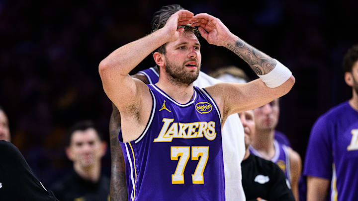 Mar 27, 2026; Los Angeles, California, USA; Los Angeles Lakers guard Luka Doncic (77) reacts during the second half against the Brooklyn Nets at Crypto.com Arena. Mandatory Credit: William Liang-Imagn Images Mar 27, 2026; Los Angeles, California, USA; Los Angeles Lakers guard Luka Doncic (77) reacts during the second half against the Brooklyn Nets at Crypto.com Arena. Mandatory Credit: William Liang-Imagn Images