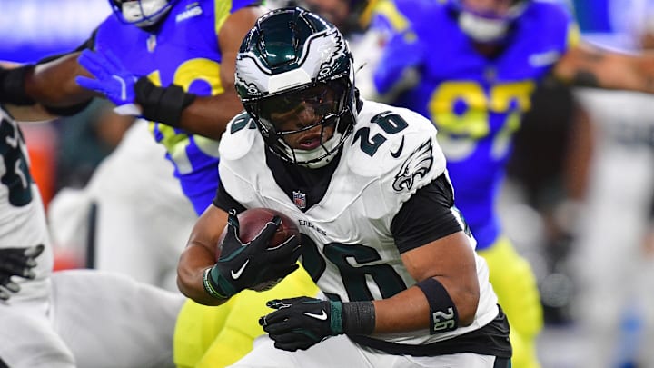 Philadelphia Eagles running back Saquon Barkley runs with the ball.