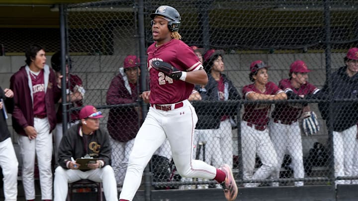 Oaks Christian's Quentin Young scores a run during the Lions' 5-4 win over Westlake in a Marmonte League game on Thursday, April 17, 2025, at Oaks Christian School. The teams are now tied for first at 9-3 in league play.