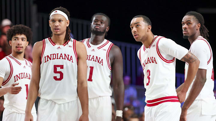 Indiana's Myles Rice (1), Malik Reneau (5), Oumar Ballo (11), Bryson Tucker (8) and Mackenzie Mgbako (21) pictured against Providence during the Battle 4 Atlantis. Indiana's Myles Rice (1), Malik Reneau (5), Oumar Ballo (11), Bryson Tucker (8) and Mackenzie Mgbako (21) pictured against Providence during the Battle 4 Atlantis.