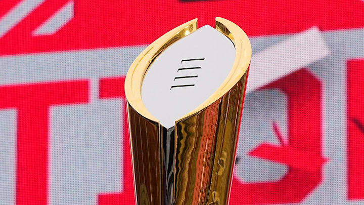 The College Football Playoff trophy sits on display during the Ohio State Buckeyes National Championship celebration at Ohio Stadium in Columbus on Jan. 27, 2025.