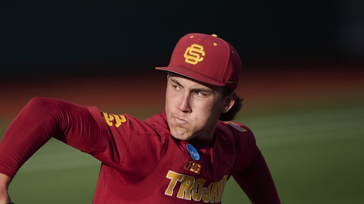 May 31, 2025; Corvallis, OR, USA; USC pitcher Mason Edwards (30) throws the ball during the fourth inning against Saint Mary's at the NCAA Corvallis Regional at Goss Stadium. Mandatory Credit: Troy Wayrynen-Imagn Images