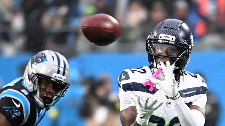 Seattle Seahawks wide receiver Rashid Shaheed catches a pass against Carolina Panthers cornerback Mike Jackson.