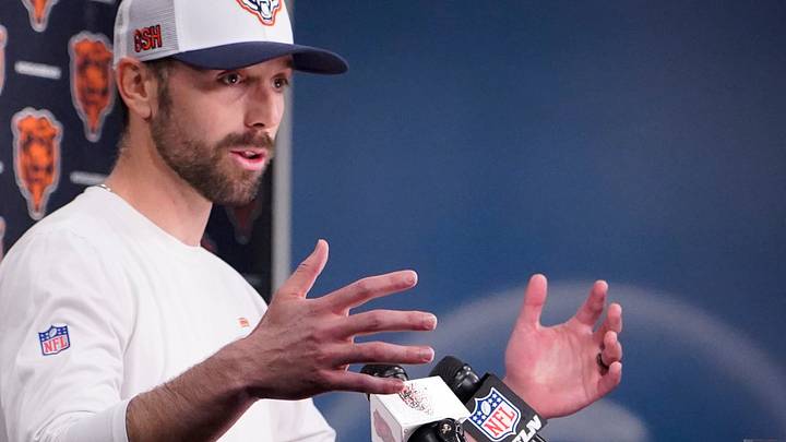 May 10, 2025; Lake Forest, IL, USA; Chicago Bears offensive coordinator Declan Doyle answers questions after rookie minicamp at Halas Hall. Mandatory Credit: David Banks-Imagn Images