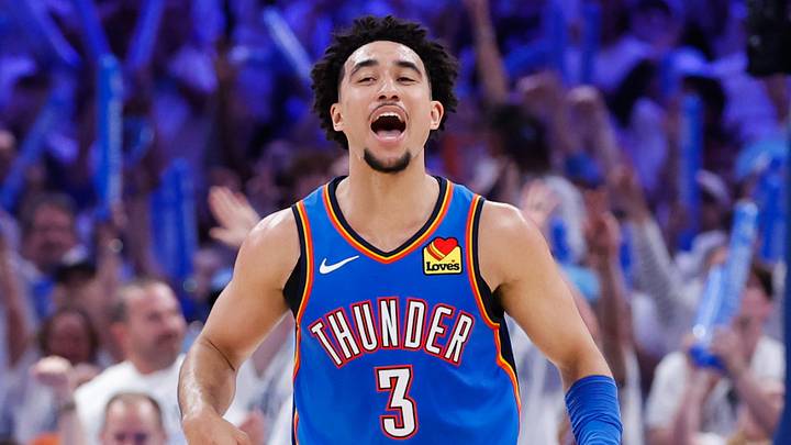 May 20, 2026; Oklahoma City, Oklahoma, USA; Oklahoma City Thunder guard Jared McCain (3) reacts to a play during the fourth quarter against the San Antonio Spurs during game two of the western conference finals for the 2026 NBA playoffs at Paycom Center. Mandatory Credit: Alonzo Adams-Imagn Images May 20, 2026; Oklahoma City, Oklahoma, USA; Oklahoma City Thunder guard Jared McCain (3) reacts to a play during the fourth quarter against the San Antonio Spurs during game two of the western conference finals for the 2026 NBA playoffs at Paycom Center. Mandatory Credit: Alonzo Adams-Imagn Images