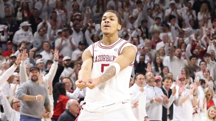 Arkansas Razorbacks guard Darius Acuff Jr (5) celebrates after making a three point shot against the Kentucky Wildcats during the second half at Bud Walton Arena. Kentucky won 85-77.