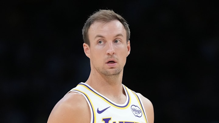 Mar 8, 2026; Los Angeles, California, USA; Los Angeles Lakers guard Luke Kennard (10) reacts against the New York Knicks in the second half at Crypto.com Arena. Mandatory Credit: Kirby Lee-Imagn Images Mar 8, 2026; Los Angeles, California, USA; Los Angeles Lakers guard Luke Kennard (10) reacts against the New York Knicks in the second half at Crypto.com Arena. Mandatory Credit: Kirby Lee-Imagn Images