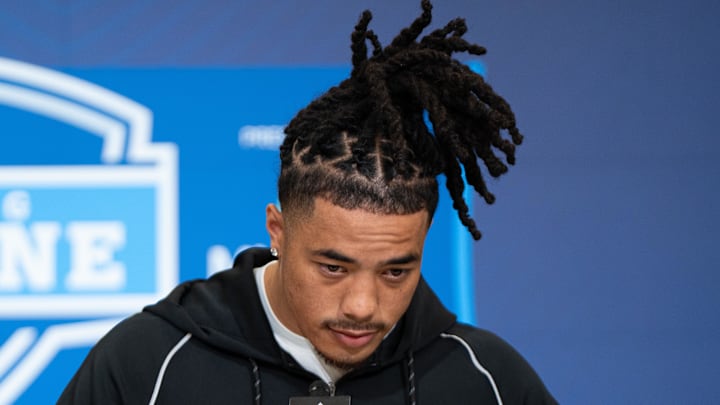 Feb 27, 2026; Indianapolis, IN, USA; Southern California wideout Makai Lemon (WO29) speaks to members of the media during the NFL Combine at the Indiana Convention Center. Mandatory Credit: Jacob Musselman-Imagn Images