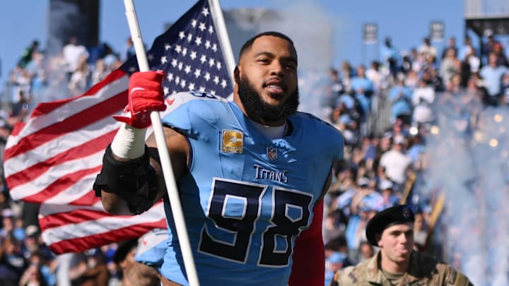 Nov 16, 2025; Nashville, Tennessee, USA; Tennessee Titans defensive tackle Jeffery Simmons (98) runs onto the field before the game against the Houston Texans at Nissan Stadium. Mandatory Credit: Steve Roberts-Imagn Images Nov 16, 2025; Nashville, Tennessee, USA; Tennessee Titans defensive tackle Jeffery Simmons (98) runs onto the field before the game against the Houston Texans at Nissan Stadium. Mandatory Credit: Steve Roberts-Imagn Images