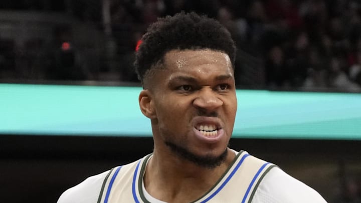 Milwaukee Bucks forward Giannis Antetokounmpo reacts after scoring against the Chicago Bulls.