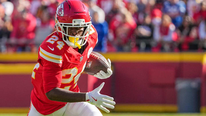 Nov 23, 2025; Kansas City, Missouri, USA; Kansas City Chiefs running back Brashard Smith (24) runs the ball against the Indianapolis Colts during the game at GEHA Field at Arrowhead Stadium. Nov 23, 2025; Kansas City, Missouri, USA; Kansas City Chiefs running back Brashard Smith (24) runs the ball against the Indianapolis Colts during the game at GEHA Field at Arrowhead Stadium.