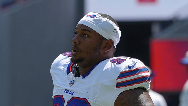 Aug 15, 2026; Orchard Park, New York, USA; Buffalo Bills defensive tackle Deone Walker (96) prior to the game between the Carolina Panthers and Buffalo Bills at New Highmark Stadium. Mandatory Credit: Gregory Fisher-Imagn Images
