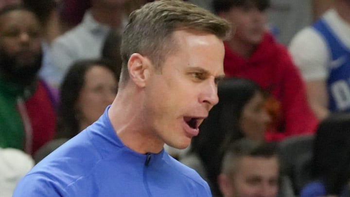 Duke Blue Devils head coach Jon Scheyer talks to a referee March 21, 2026 during the NCAA Men’s Basketball Tournament second round East Region game with TCU at the Bon Secours Wellness Arena in Greenville, South Carolina.