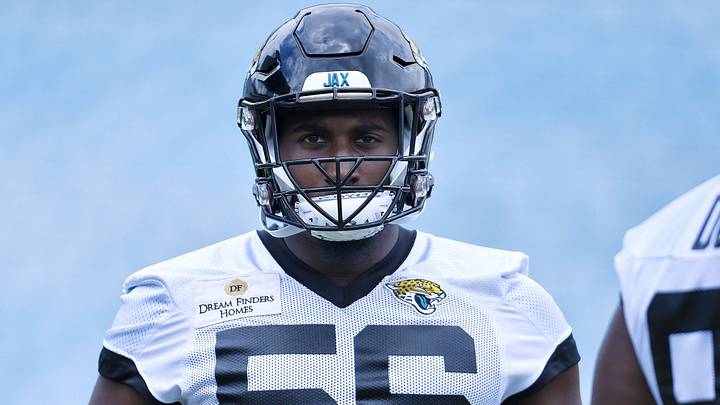 Jacksonville Jaguars linebacker Yasir Abdullah (56) on the field during Monday morning's offseason camp session. Rookies and veterans gathered at TIAA Bank Field Monday, May 22, 2023 for the start of the Jacksonville Jaguars offseason camp. 