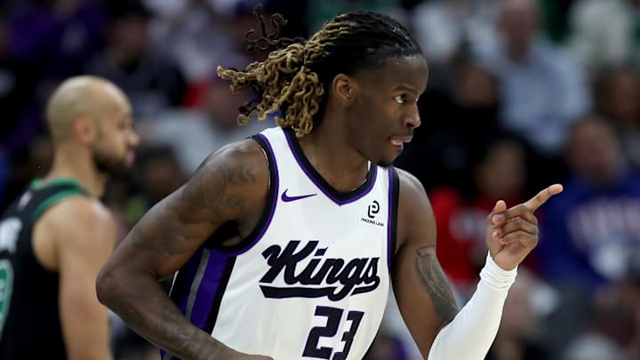 Jan 1, 2026; Sacramento, California, USA; Sacramento Kings guard Keon Ellis (23) reacts after making a three-point basket against the Boston Celtics during the second quarter at Golden 1 Center.