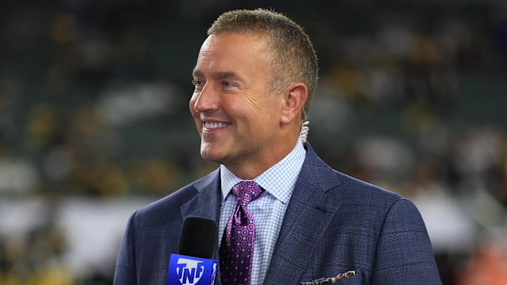 Oct 16, 2025; Cincinnati, Ohio, USA; Amazon Prime Thursday Night Football game analyst Kirk Herbstreit stands on the field during halftime of the game between the Pittsburgh Steelers and the Cincinnati Bengals at Paycor Stadium. Mandatory Credit: Katie Stratman-Imagn Images
