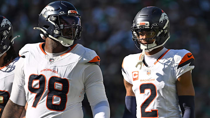 Oct 5, 2025; Philadelphia, Pennsylvania, USA; Denver Broncos defensive end John Franklin-Myers (98) and cornerback Pat Surtain II (2) against the Philadelphia Eagles at Lincoln Financial Field. Oct 5, 2025; Philadelphia, Pennsylvania, USA; Denver Broncos defensive end John Franklin-Myers (98) and cornerback Pat Surtain II (2) against the Philadelphia Eagles at Lincoln Financial Field.