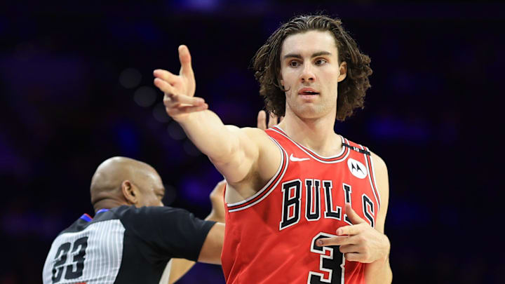 Feb 24, 2025; Philadelphia, Pennsylvania, USA; Chicago Bulls guard Josh Giddey (3) reacts after his 3 pointer against the Philadelphia 76ers during the fourth quarter at Wells Fargo Center.