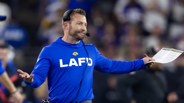 Los Angeles Rams coach Sean McVay reacts to a play.
