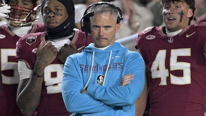 Nov 1, 2025; Tallahassee, Florida, USA; Florida State Seminoles head coach Mike Norvell during the first quarter against the Wake Forest Demon Deacons at Doak S. Campbell Stadium. Mandatory Credit: Melina Myers-Imagn Images