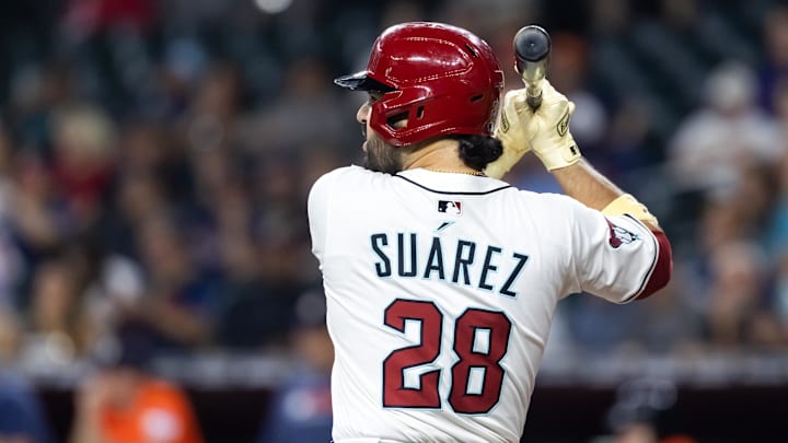 Jul 22, 2025; Phoenix, Arizona, USA; Detailed view of the jersey of Arizona Diamondbacks designated hitter Eugenio Suarez (28) against the Houston Astros at Chase Field. Mandatory Credit: Mark J. Rebilas-Imagn Images
Jul 22, 2025; Phoenix, Arizona, USA; Detailed view of the jersey of Arizona Diamondbacks designated hitter Eugenio Suarez (28) against the Houston Astros at Chase Field. Mandatory Credit: Mark J. Rebilas-Imagn Images